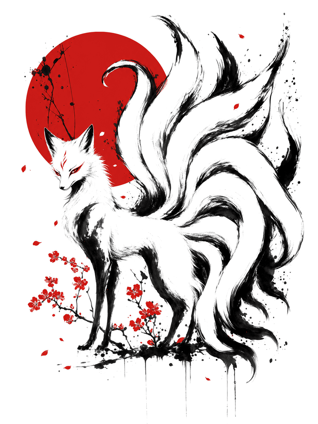 Ink painting of a nine tailed fox before a red sun